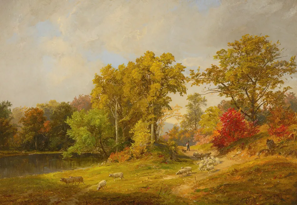 Autumn Landscape With Shepherd, Dog And Sheep by Jasper Francis Cropsey